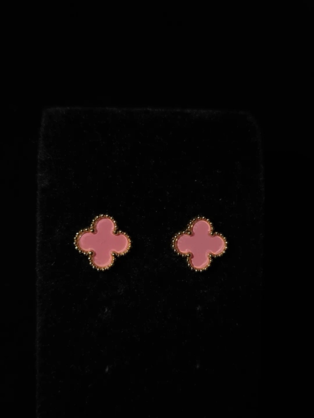 Stainless Steel Enamel Pink Clover Stud Earrings with Gold Beaded Edge